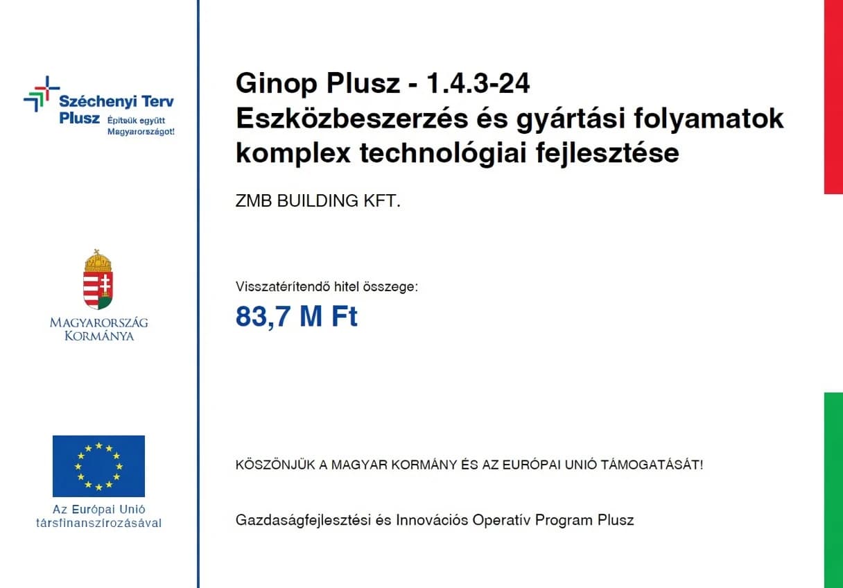 Széchenyi Terv Plusz – Ginop Plusz-1.4.3-24 – Eszközbeszerzés és gyártási folyamatok komplex technológiai fejlesztése – ZMB Building Kft. – Visszatérítendő hitel összege: 83,7 M Ft